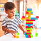 Close-up of various building blocks in a set, illustrating different types of pieces included