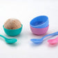 Snack set components laid out together: spoon, bowl, and dish.